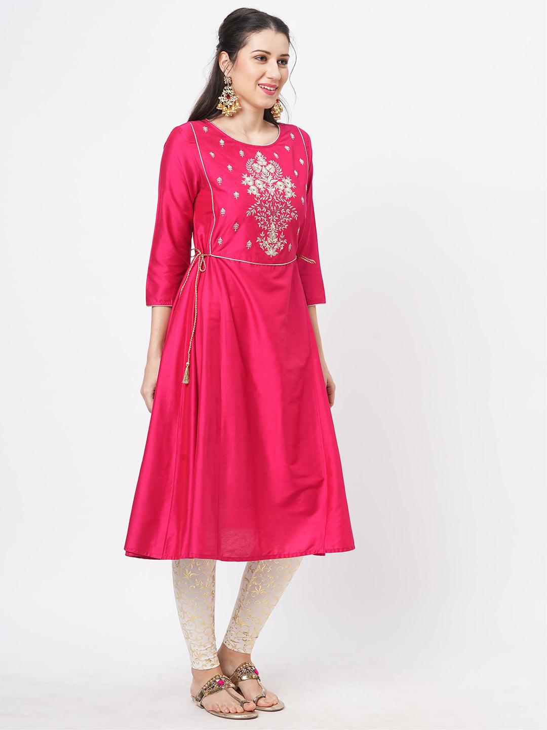 Hashtag Be Fuschia silk blend ethnic kurta with embroidery butta at the neck with gold chord tie up