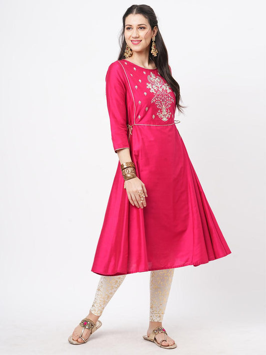 Hashtag Be Fuschia silk blend ethnic kurta with embroidery butta at the neck with gold chord tie up