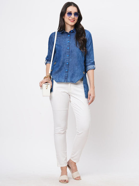 Hashtag Be Denim blue in sturdy washed cotton shirt with collar and button down front and high low hem with embroidery at the back
