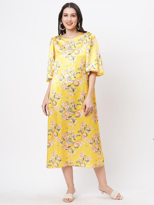 Hashtag Be oversized canary floral print calf length dress for a date in the evening