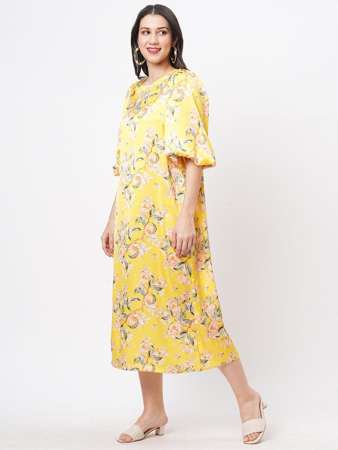 Hashtag Be oversized canary floral print calf length dress for a date in the evening