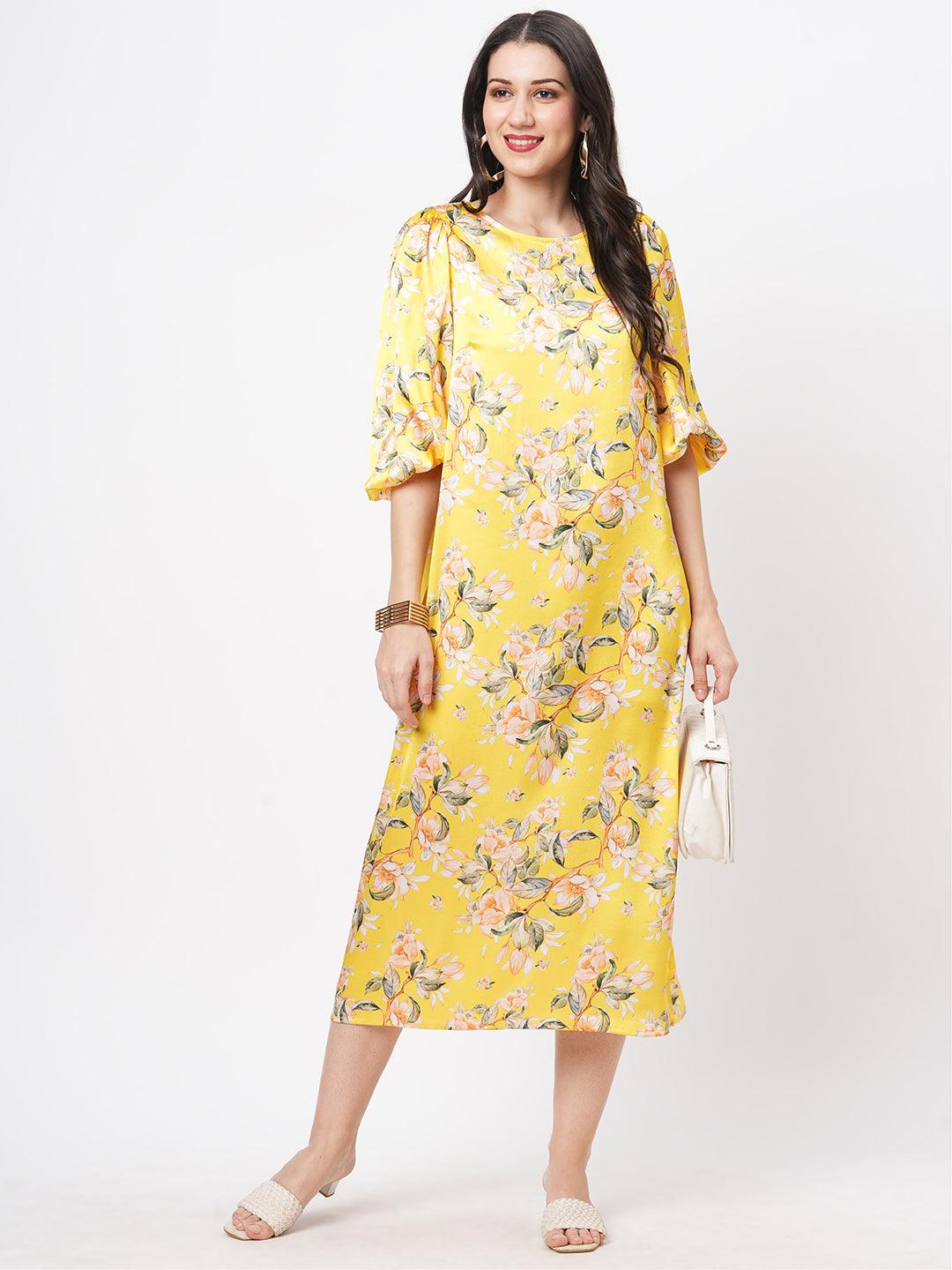 Hashtag Be oversized canary floral print calf length dress for a date in the evening