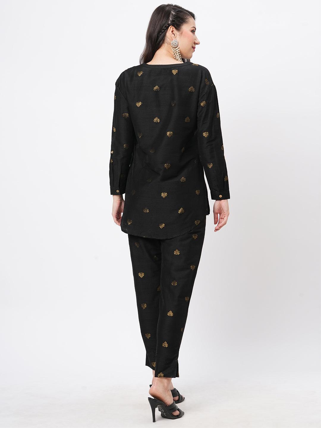 Hashtag Be Rich black tunic set with black butti printed all over