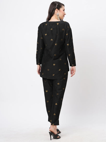 Hashtag Be Rich black tunic set with black butti printed all over