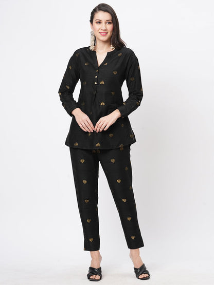 Hashtag Be Rich black tunic set with black butti printed all over