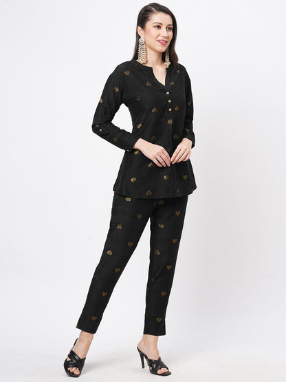 Hashtag Be Rich black tunic set with black butti printed all over