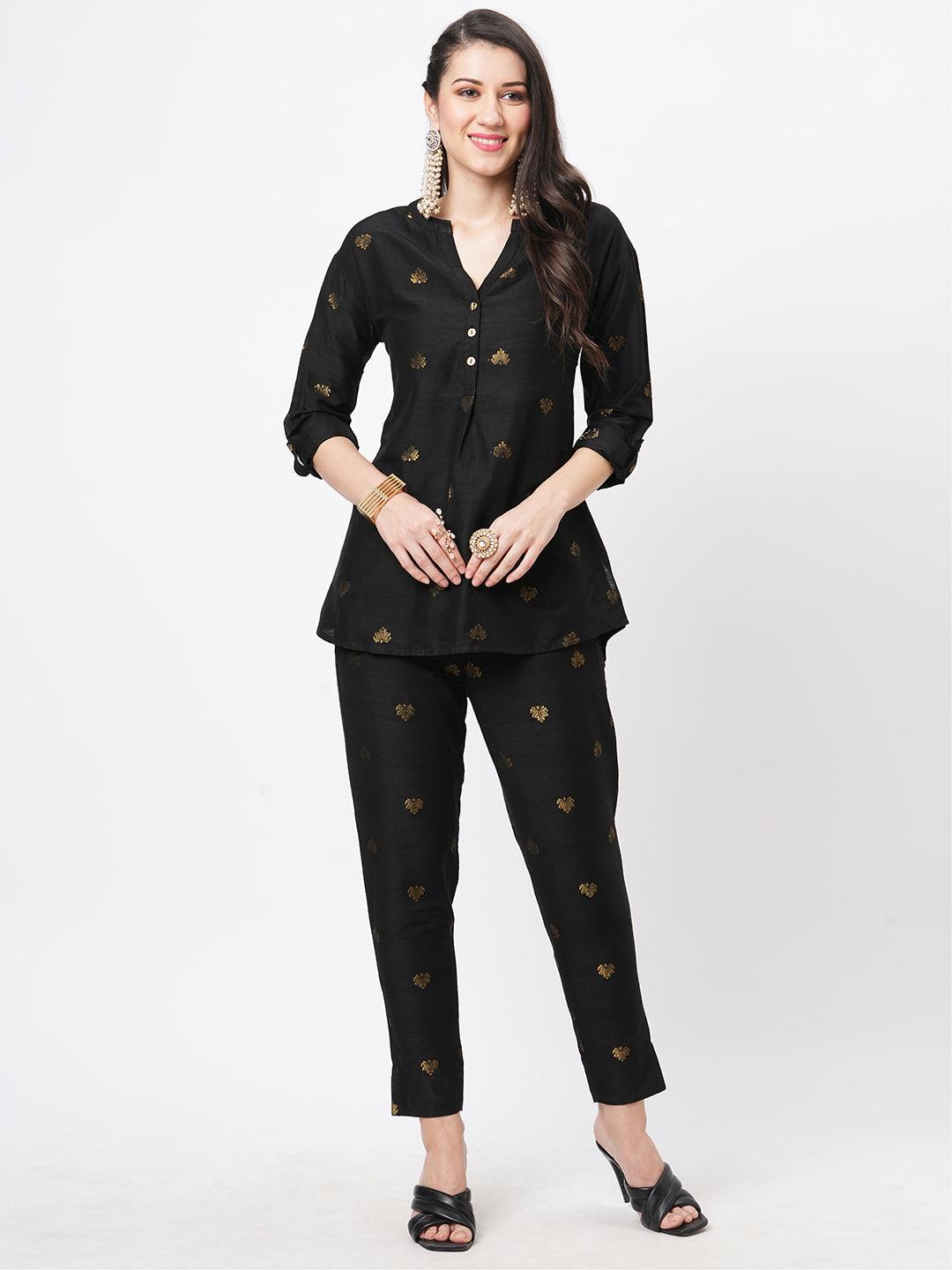 Hashtag Be Rich black tunic set with black butti printed all over
