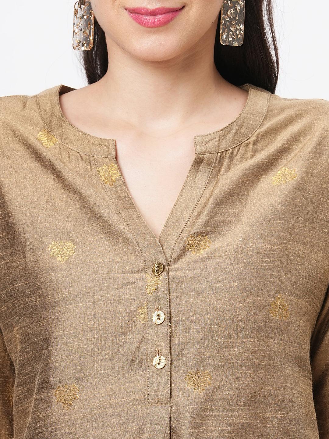 Hashtag Be Rich gold tunic set with gold butti printed all over