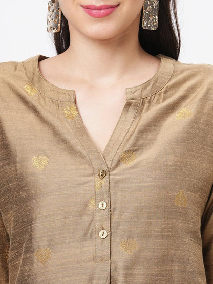 Hashtag Be Rich gold tunic set with gold butti printed all over
