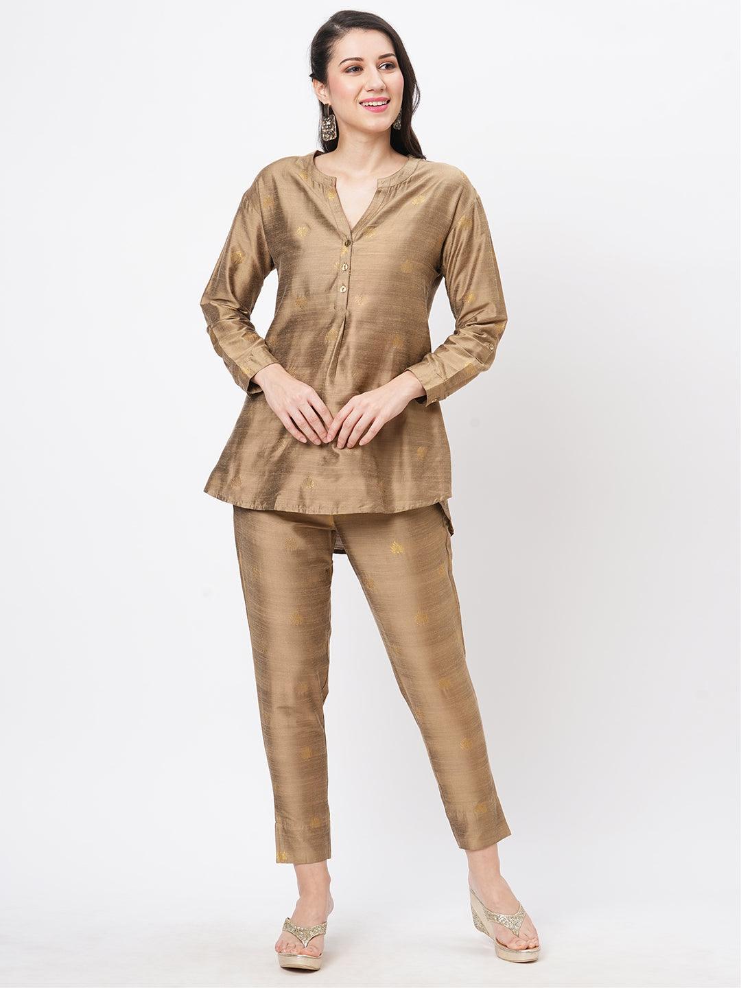 Hashtag Be Rich gold tunic set with gold butti printed all over