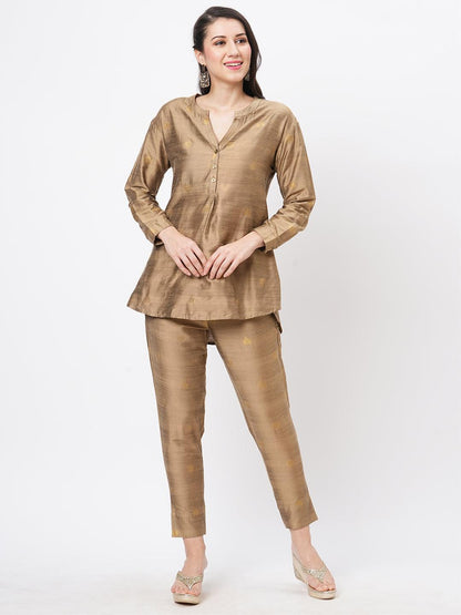 Hashtag Be Rich gold tunic set with gold butti printed all over