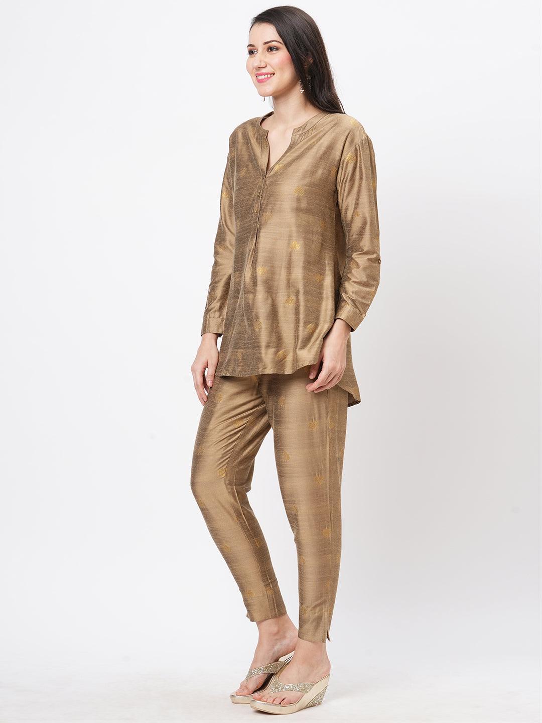Hashtag Be Rich gold tunic set with gold butti printed all over