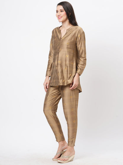 Hashtag Be Rich gold tunic set with gold butti printed all over