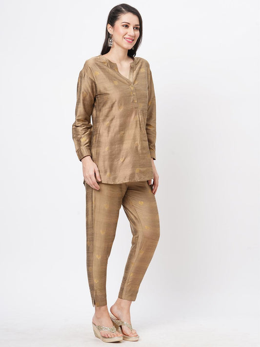 Hashtag Be Rich gold tunic set with gold butti printed all over