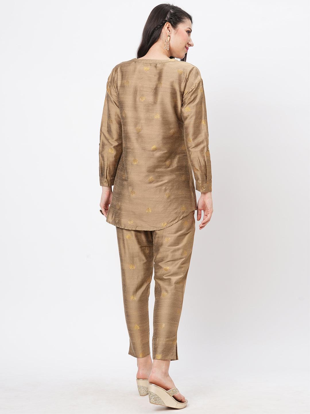 Hashtag Be Rich gold tunic set with gold butti printed all over