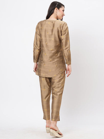 Hashtag Be Rich gold tunic set with gold butti printed all over