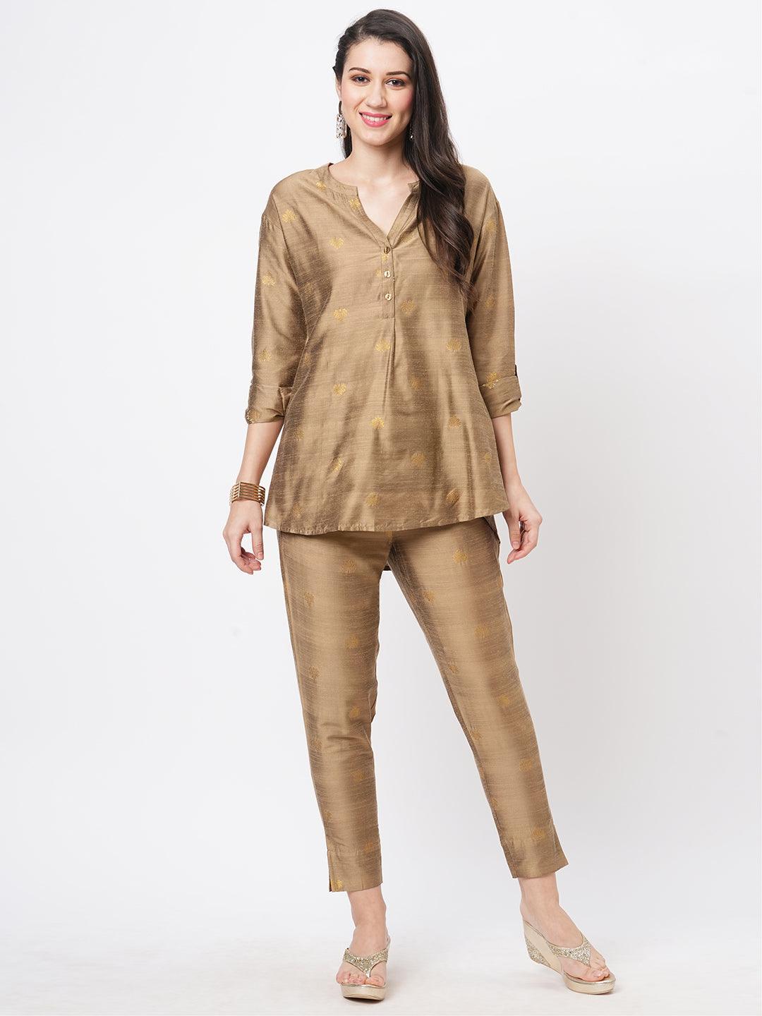 Hashtag Be Rich gold tunic set with gold butti printed all over