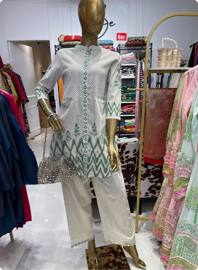 White Cotton Printed Coord Set with Green Motifs