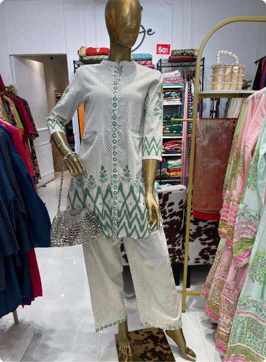 White Cotton Printed Coord Set with Green Motifs
