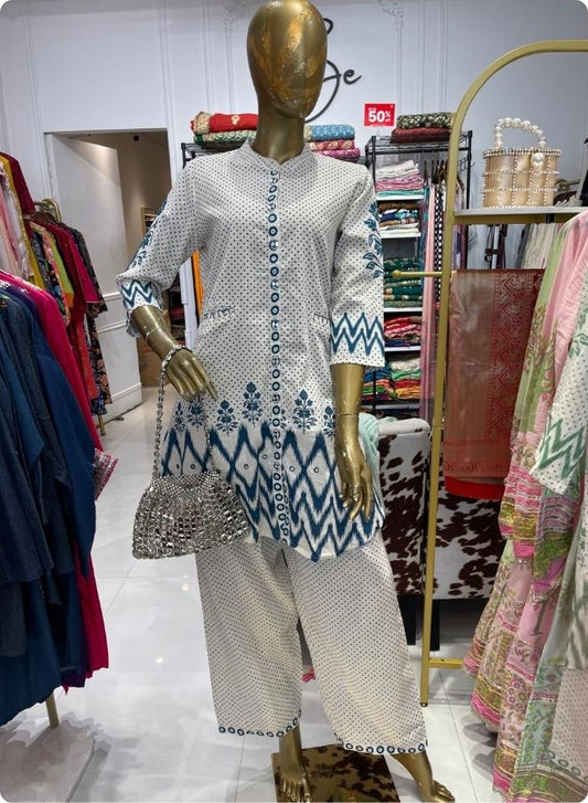 White Printed Coord Set with Blue Ikat Detailing